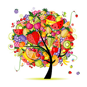 用于设计设计的能源果树树干凤梨插图活力石榴蝴蝶甜点菠萝覆盆子营养图片