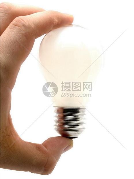白色背景上握着灯泡的手图片