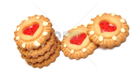 有心形中枢的饼干白色小吃甜点圆形概念红色食物图片