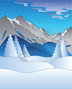 有山丘的冬季风景下雪卡通片针叶爬坡松树悬崖艺术插图场景雪堆图片