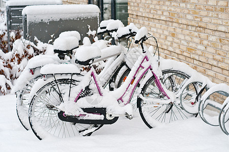 冬季的风雪覆盖着公园自行车图片