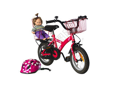儿童自行车头盔静物孩子们产品孩子反射车轮粉色娃娃白色图片