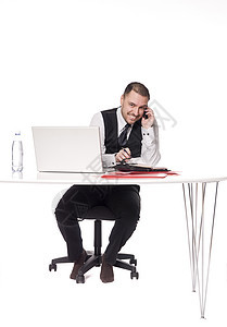 男人在桌子后面组织自己的一天领带微笑机构办公室工作秘书讲坛套装戏服桌面图片