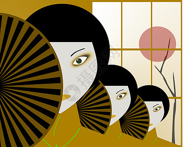 日语裙子女孩艺妓太阳玩具扇子文化传统女士艺术品背景图片