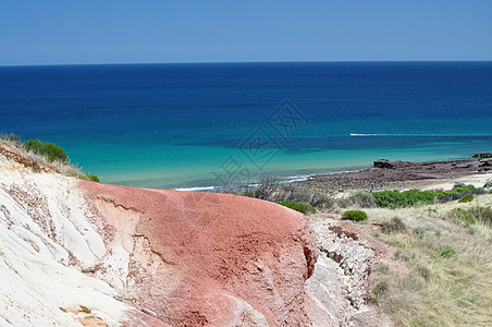 南澳大利亚州保护公园 海滨蓝色和红石明信片支撑地标晴天天堂岩石海洋海景海滩热带图片