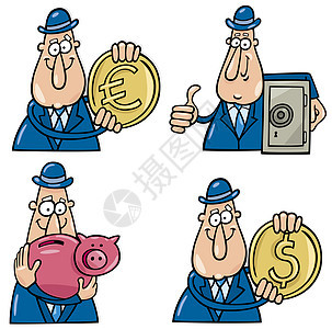 与有趣的人一起制作商业漫画插图套装订金硬币金融帽子现金储蓄小猪财富图片