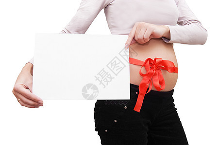 女人的肚子 有空白板和红丝带图片