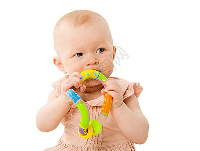 婴儿咀嚼玩具女孩牙疼喜悦孩子工作室粉色金发生长几个月安全图片