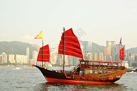 有红帆船的香港港港旅游桅杆旗帜顶峰建筑血管爬坡蓝色旅行观光图片