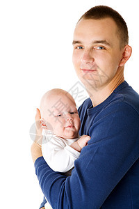 快乐的爸爸婴儿微笑金发工作室蓝色家庭白色亲热压痛享受图片