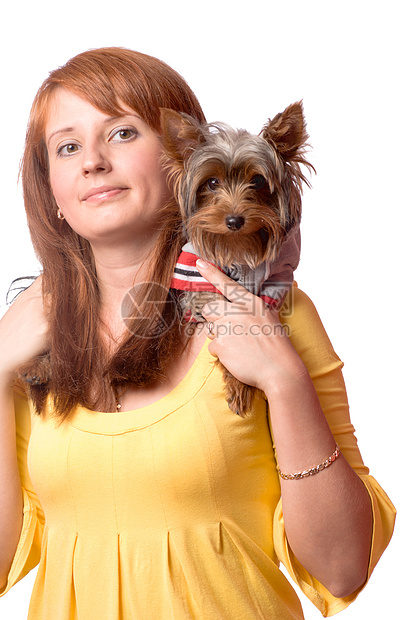 妇女持有战火的妇女友谊小狗白色棕色红色头发犬类宠物拥抱女士图片