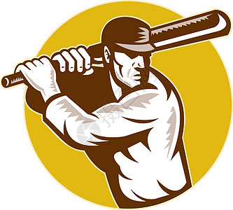 板球运动蝙蝠手击打侧视角玩家击球男人木刻插图球手男性运动员图片