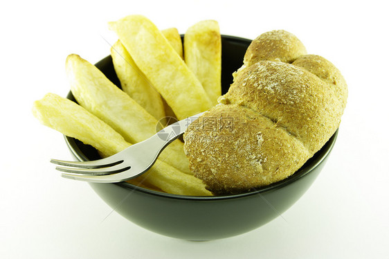黑碗的薯条面包脂肪小吃营养黄色包子育肥垃圾食物午餐图片
