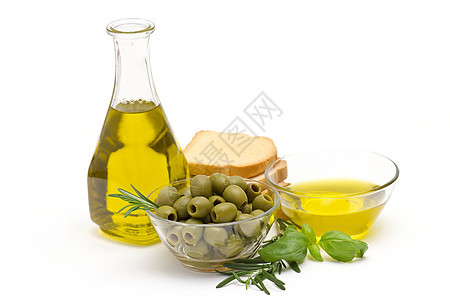 橄榄油 绿橄榄和面包图片