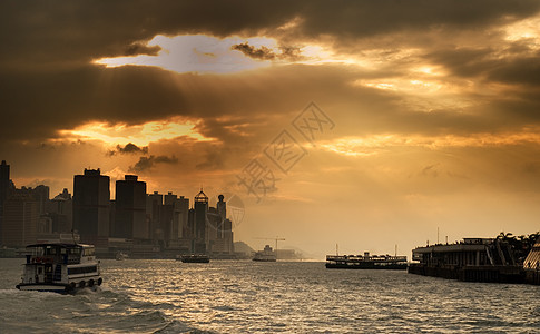 香港维多利亚港的夕阳城市景色图片