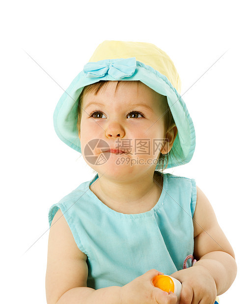 女婴白色帽子童年快乐孩子婴儿好奇心头发儿童惊喜图片