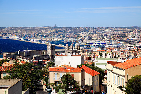 马赛市空中观察建筑物支撑港口旅行全景中心地平线蓝色海岸游艇图片