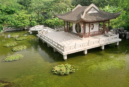 池塘附近的中国建筑木头花园旅游天空森林风景文化历史场景传统图片