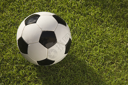 在草地上贴近黑白皮鞋足球体育摄影圆形绿色水平黑与白器材皮革图片