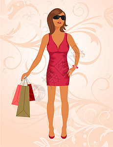 带袋的时装购物女孩女孩闲暇礼物粉色玻璃魅力数字花费购物者裙子图片
