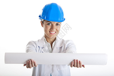 女建筑师女性顾问微笑工程师头盔工程建筑学蓝色女孩成人图片