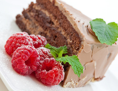 新鲜的巧克力蛋糕 带草莓盘子蛋糕甜点白色红色薄荷覆盆子生物糖果餐具图片