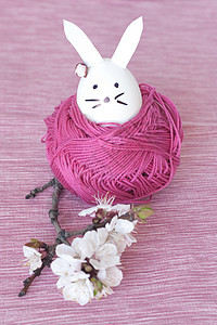 装饰复活节兔子和樱花花绿色绞线紫色耳朵花束花朵粉色树枝图片
