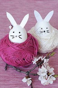 装饰复活节兔子和樱花花花束绿色粉色紫色绞线花朵树枝耳朵图片