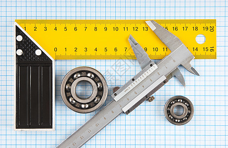 轴重和平方塞子工程枕头轴承卡尺机械乐器正方形统治者技术图片