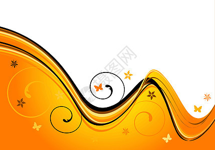 抽象花形背景曲线黄色花朵叶子蝴蝶波浪状白色漩涡棕色橙子图片