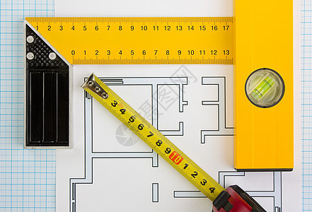 使用建筑工具在家用绘图建筑仪表工作草图磁带办公室建筑学房子建造工具图片