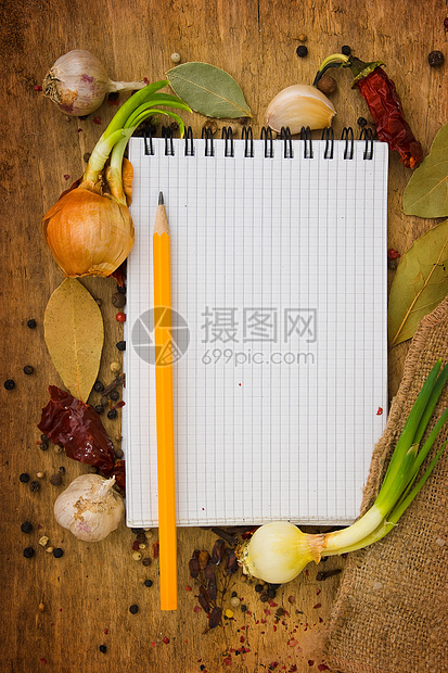 调味品菜单铅笔木板食谱写作胡椒笔记香料叶子洋葱厨房图片