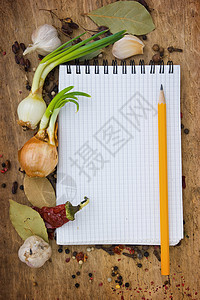 调味品菜单洋葱铅笔笔记本胡椒叶子食谱木板笔记厨房食物图片