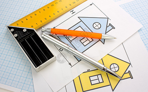 使用建筑工具在家用绘图建筑学草图建造房子建筑磁带工作办公室仪表工具图片