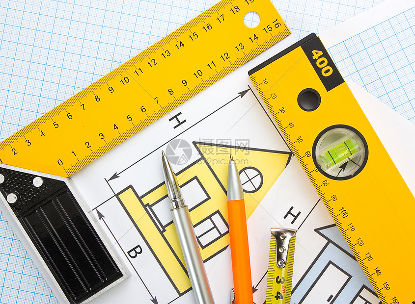 使用建筑工具在家用绘图磁带建筑工作办公室工具草图仪表建筑学房子建造图片