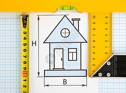 使用建筑工具在家用绘图工具建造办公室仪表房子草图建筑磁带工作建筑学图片
