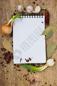 调味品菜单厨房写作食谱洋葱叶子香料木板食物胡椒笔记图片