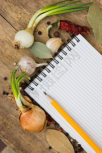调味品菜单洋葱笔记食物厨房胡椒写作木板叶子铅笔食谱图片
