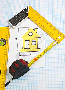 使用建筑工具在家用绘图建造工具工作建筑草图磁带办公室房子仪表建筑学图片