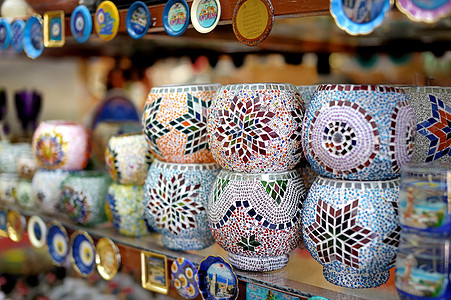土耳其纪念品的商店摊台礼物市场工艺艺术展示贸易陶器火鸡传统陶瓷图片