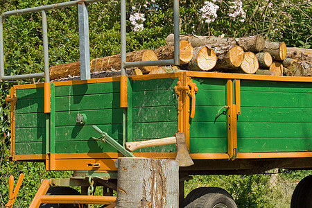 日志中的轴轴工作树干绿色柴堆木头农业运输林业橙子木箱图片