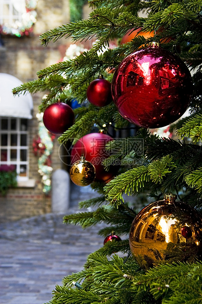 圣诞树和装饰品街道松树反射金子石头红宝石店铺红色场地窗户图片