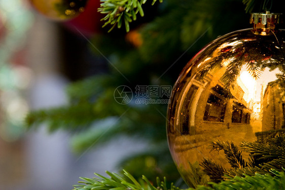 圣诞树和装饰品松树街道反射金子店铺鹅卵石窗户红色石头场地图片