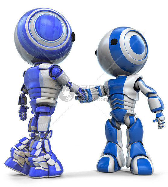 两个机器人握手团队友谊蓝色未来派双手吉祥物协议塑料验收合伙图片