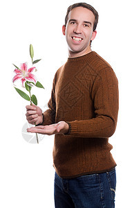 男人在A日期白色花店百合毛衣牙齿花束惊喜展示花朵微笑图片