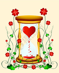 心在沙玻璃中褐色花朵绿色庆典卡片问候语团体插图浪漫手表图片