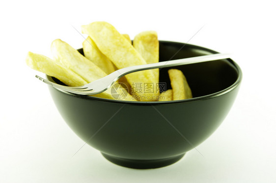 黑碗的弗莱斯营养黄色育肥午餐脂肪筹码餐厅水平土豆油炸图片