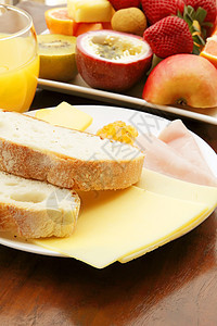 早餐奢华食物黄油盘子食品火腿酒店果汁面包美食背景图片