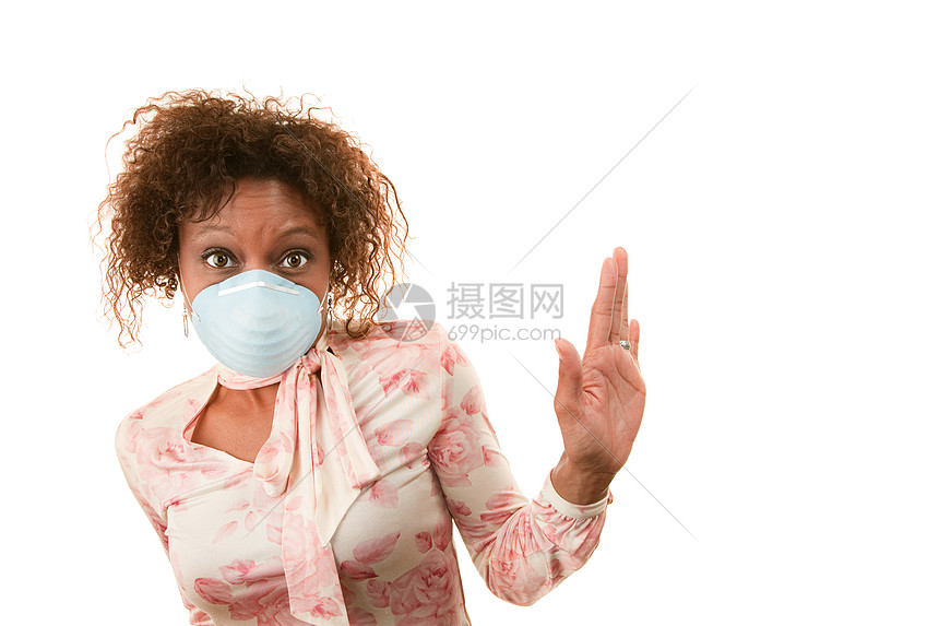 戴呼吸面具的妇女障碍疾病手臂压力流感成人病菌空气卷曲女性图片