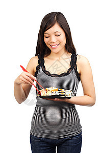 女人吃寿司情调食物女性异国小吃女孩筷子白色女士盘子图片